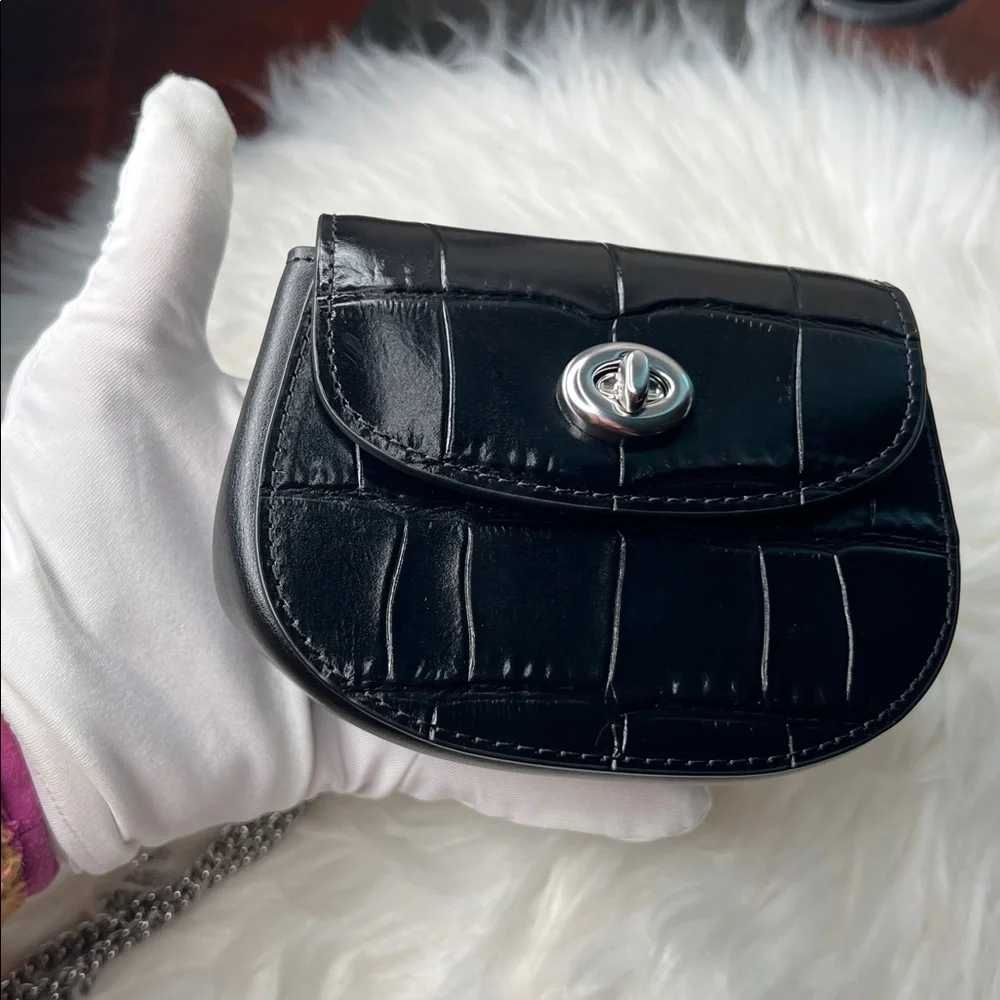 Coach Black Croc Embossed Turnlock Card Case Mini With Chain Bag Retail $228 NWT - Picture 17 of 17